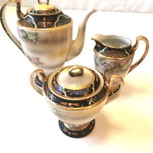 Vintage Mikori Japan Tea Set - Hand Painted Moriage - Sugar & Creamer + Teapot (